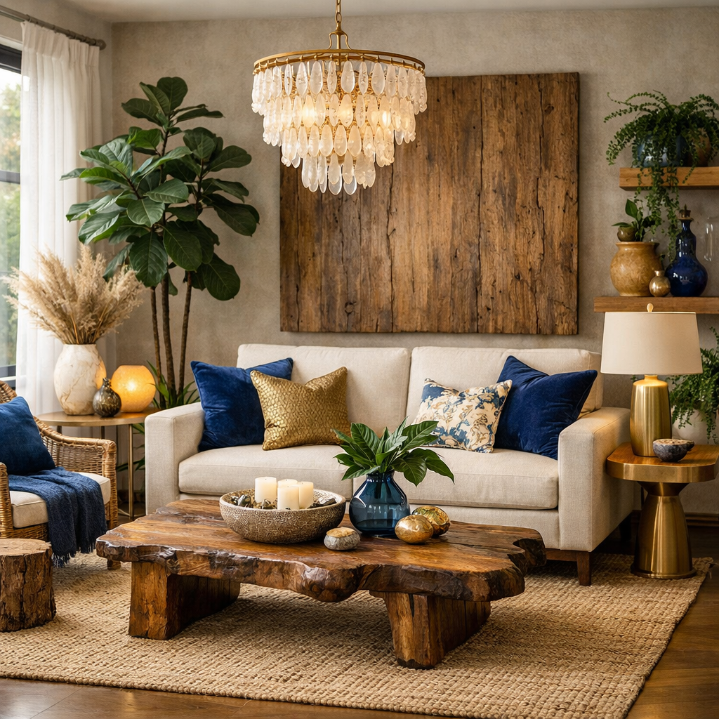 A beautifully decorated blue and gold living room featuring natural elements like a wooden coffee table, leafy plants, and a cozy rug.