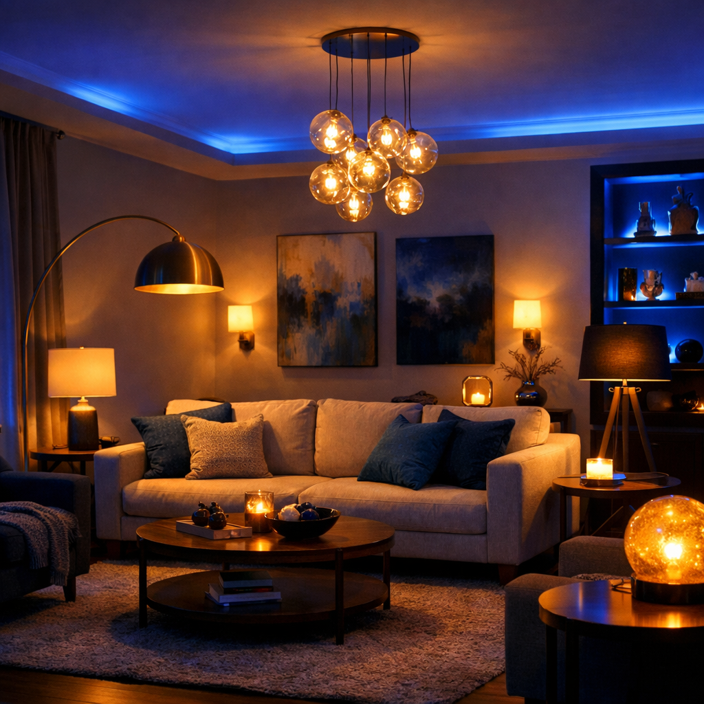 A cozy blue and gold living room featuring layered lighting with a chandelier, wall sconces, and candles.