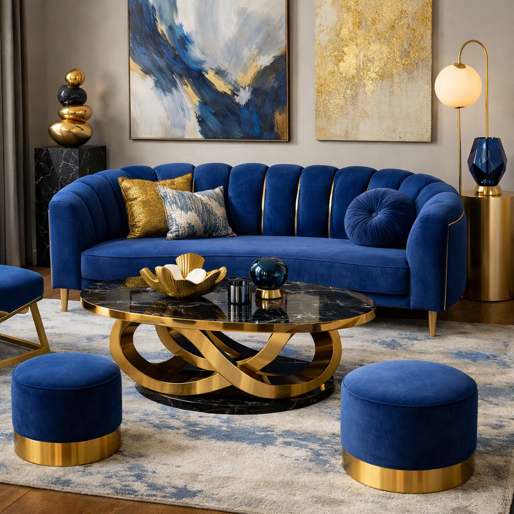 A stylish blue and gold living room featuring a blue couch, elegant coffee table, and decorative elements.