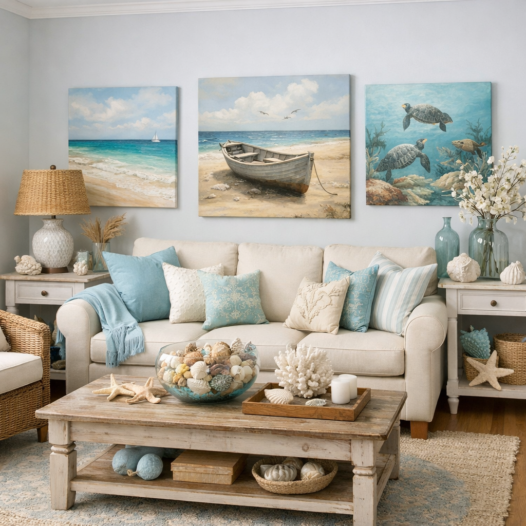 A cozy living room with light blue accents, featuring paintings of coastal scenes, a light-colored sofa with decorative cushions, and a coffee table adorned with seashells.