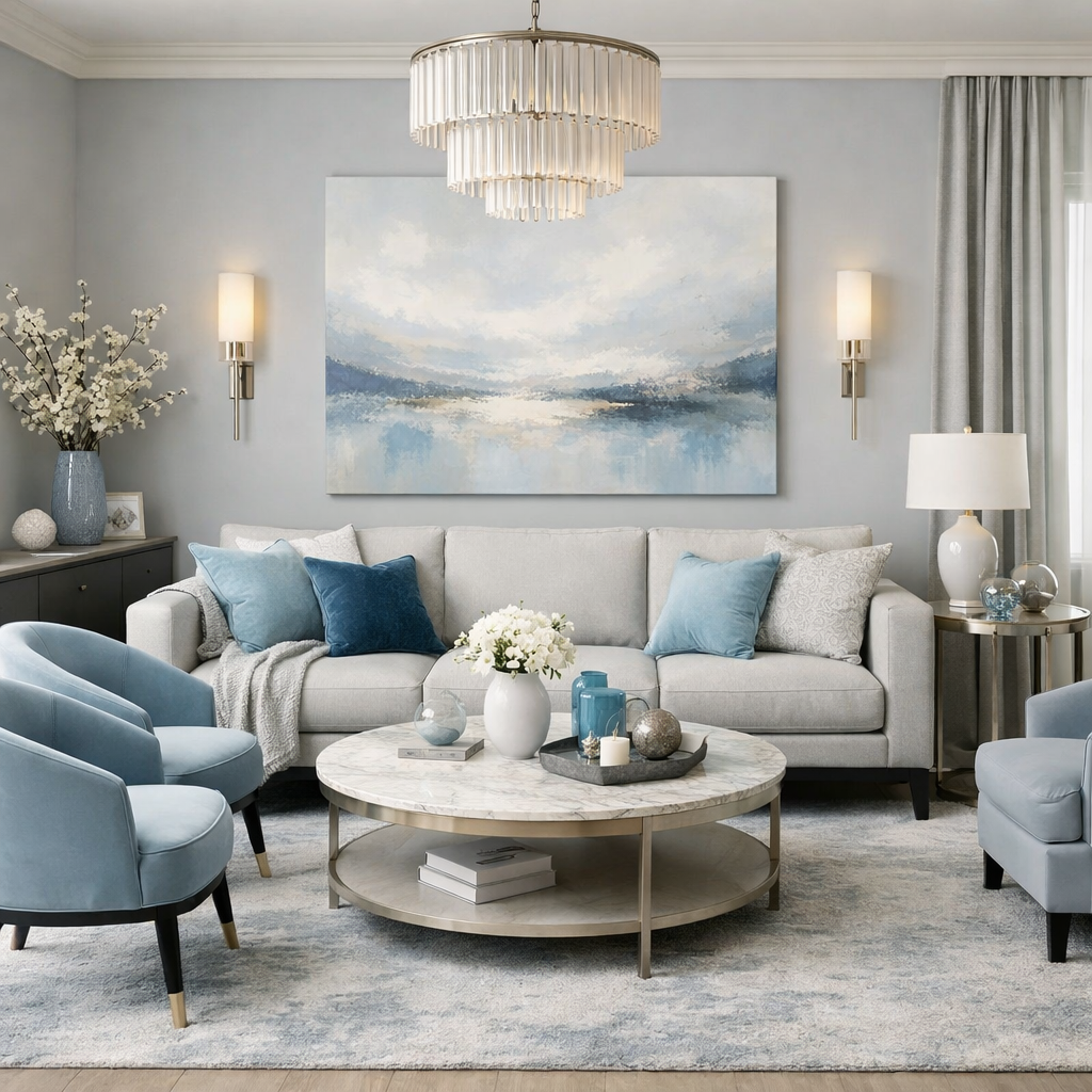 Light blue and gray living room with plush furniture and decorative accents