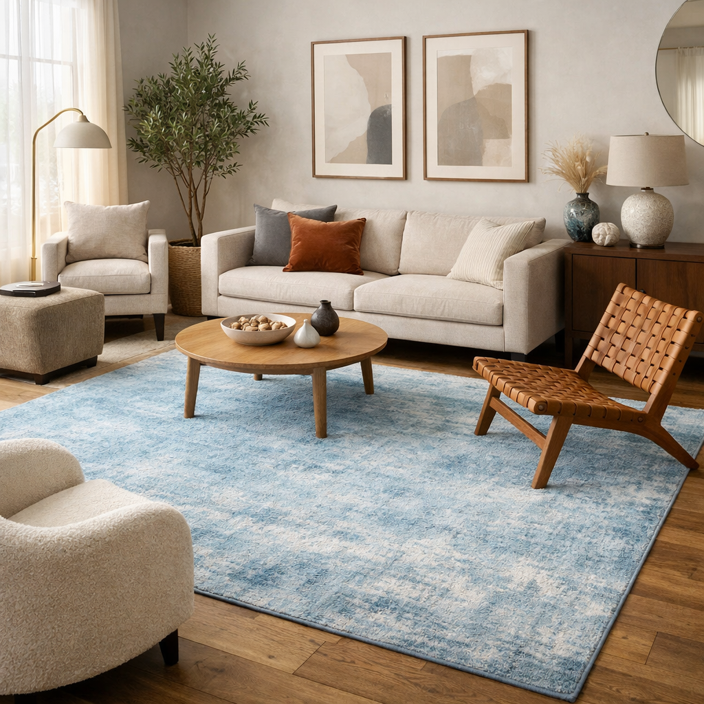 Cozy living room featuring a light blue rug, beige sofa, wooden coffee table, and warm accents.