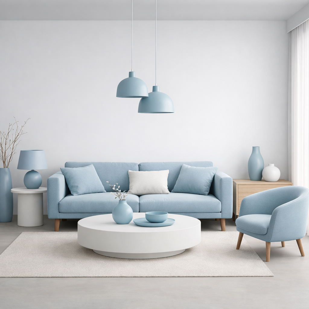 A minimalist light blue living room featuring a light blue sofa, circular white coffee table, and light fixtures.