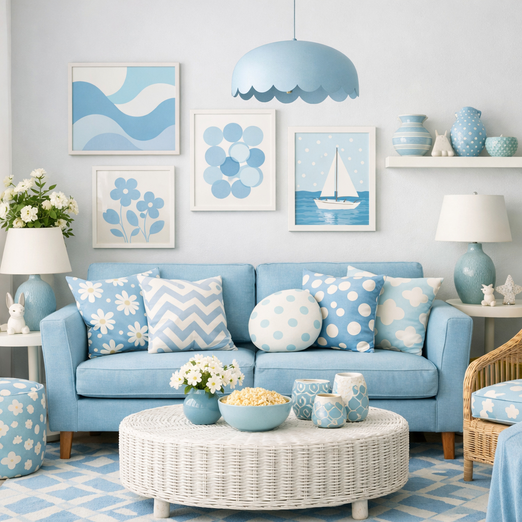 A playful light blue living room featuring patterned cushions, wall art, and a whimsical pendant light.