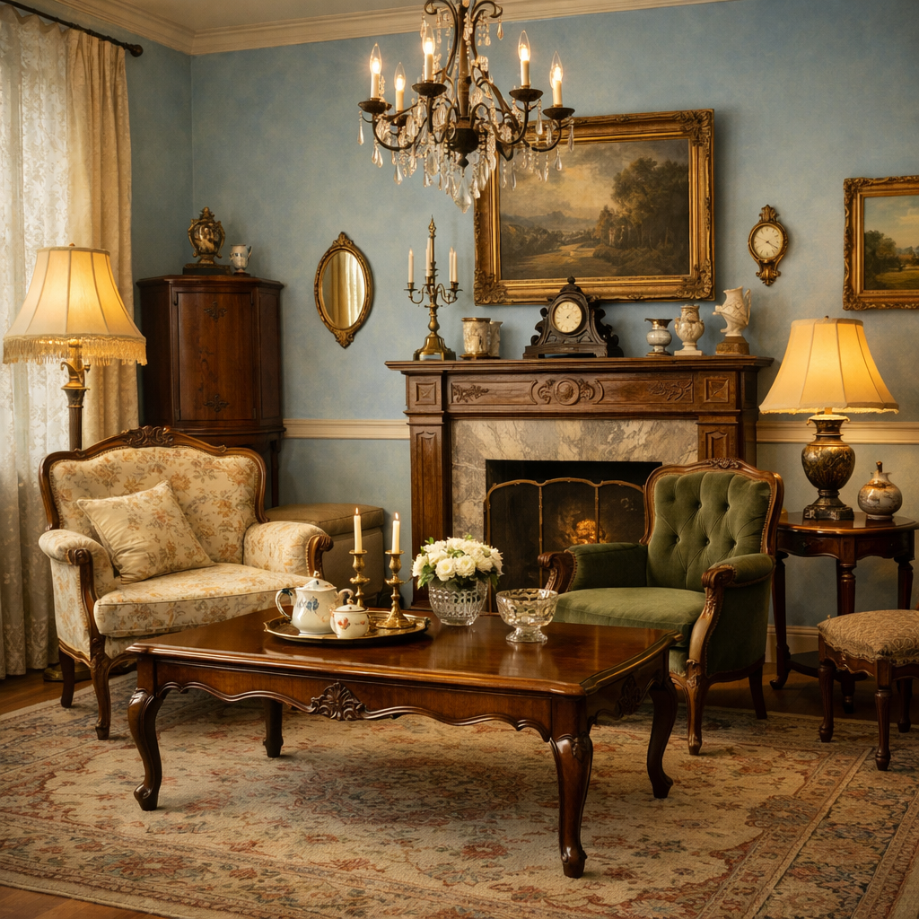 A cozy vintage living room featuring light blue walls, floral fabric sofa, and elegant decor.
