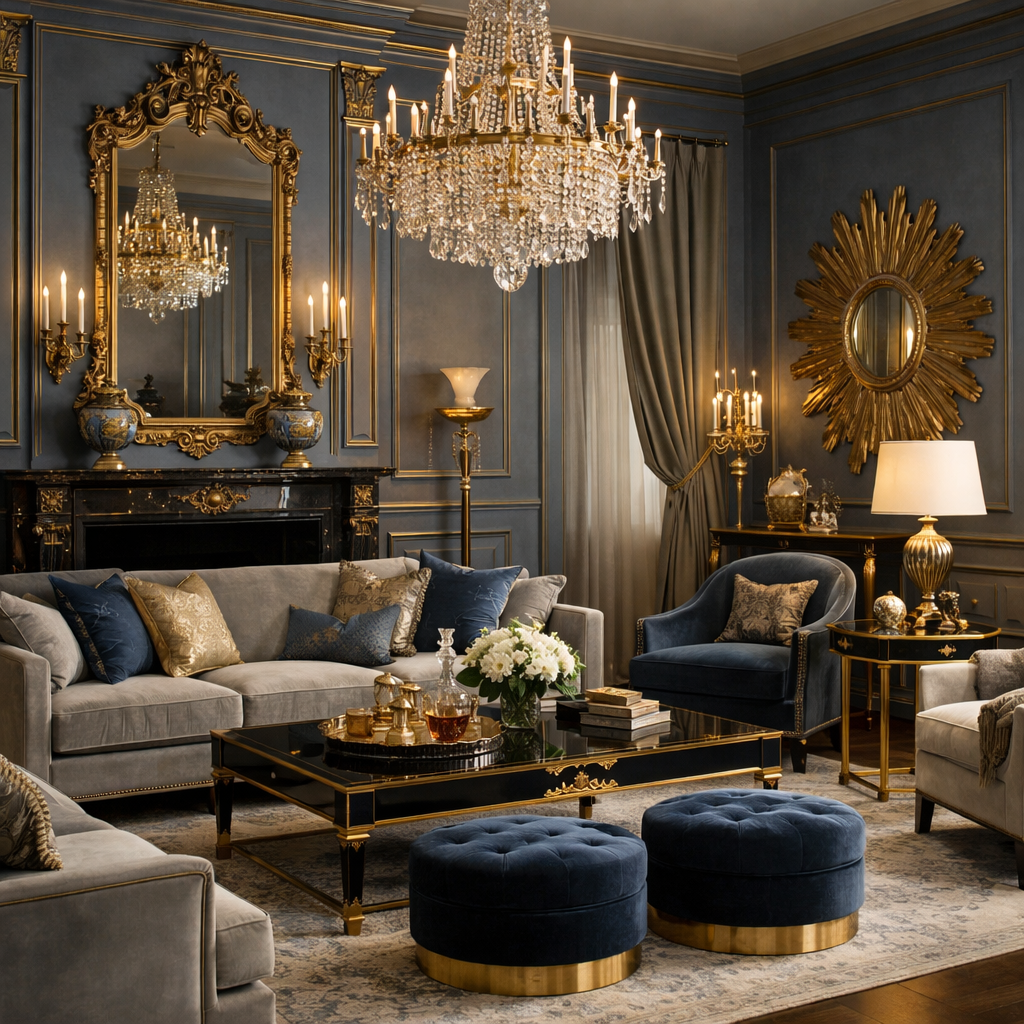 An elegant living room featuring blue grey walls, gold accents, and luxurious furniture.
