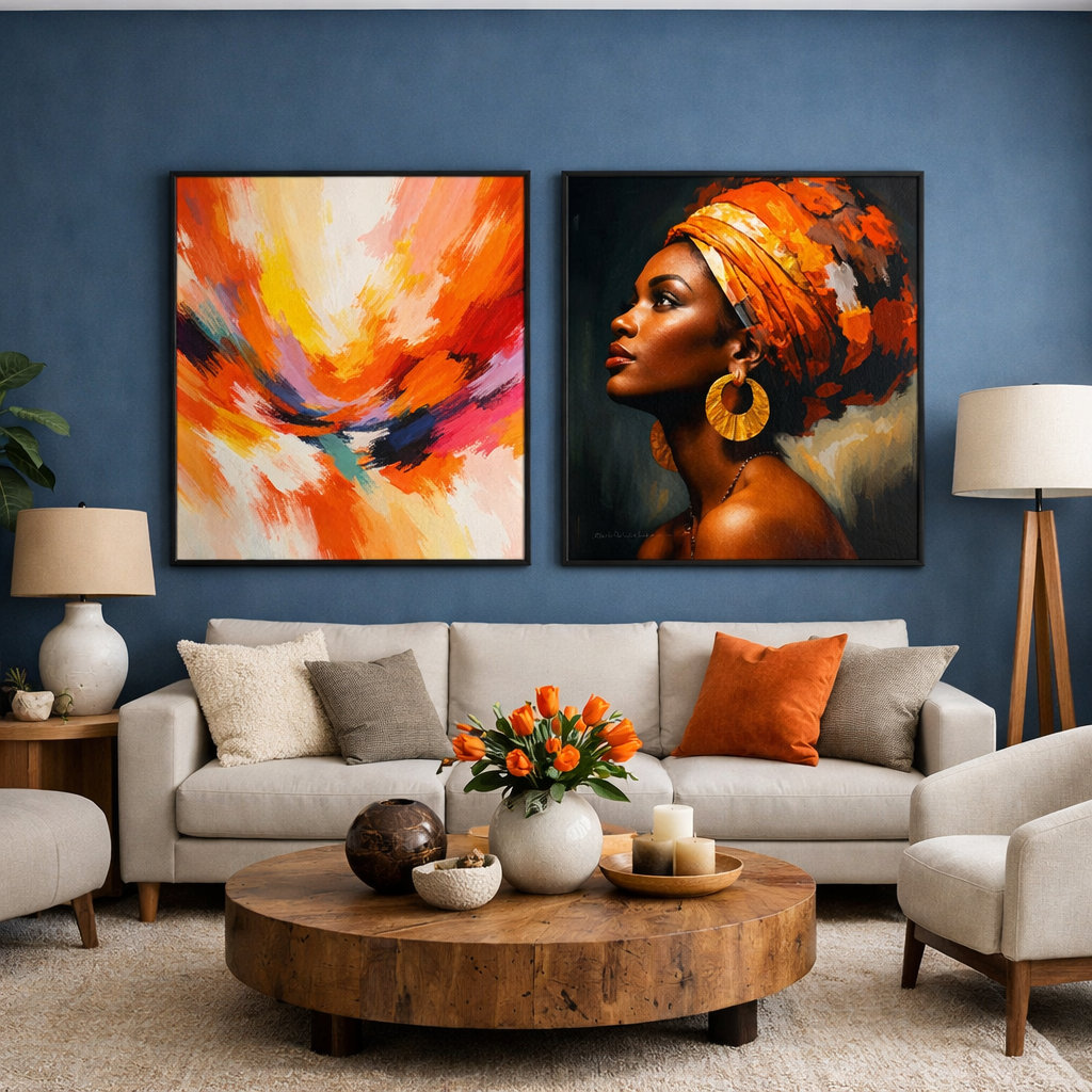 A stylish living room with blue grey walls, vibrant artwork, and a cozy seating area.