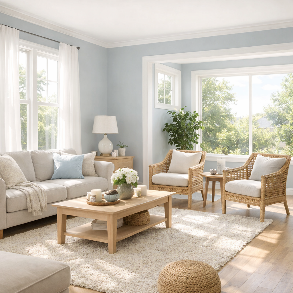 Bright and airy blue-grey living room featuring light colors and natural elements.