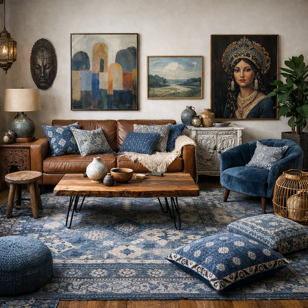 Cozy living room featuring blue grey decor, an eclectic mix of patterns, and artistic wall decorations.