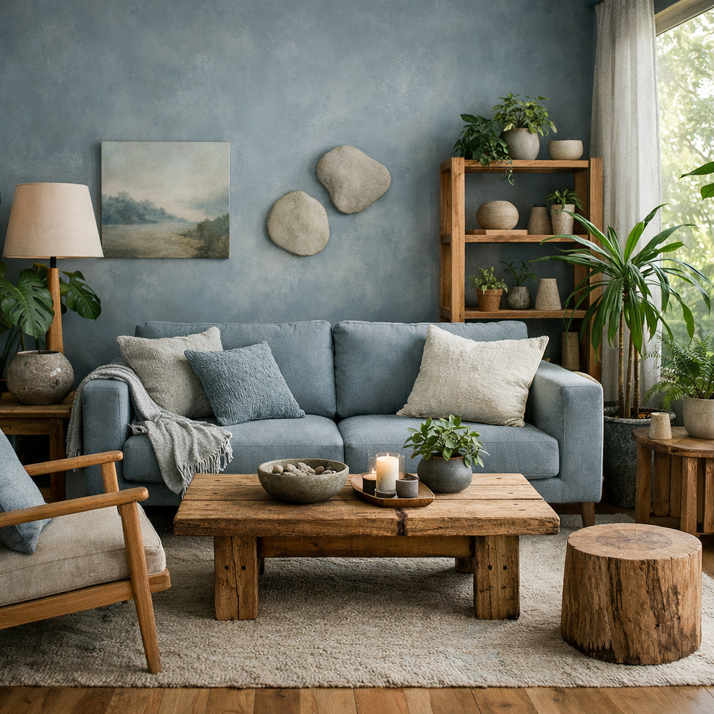 Nature-inspired blue grey living room with a cozy couch, wooden furniture, and potted plants.