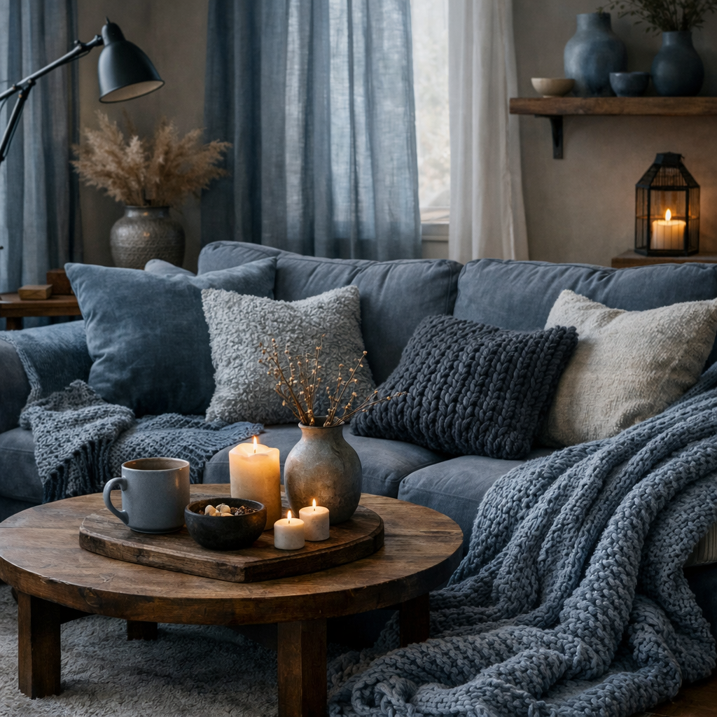 Cozy living room with blue grey tones, textured pillows, and warm lighting.