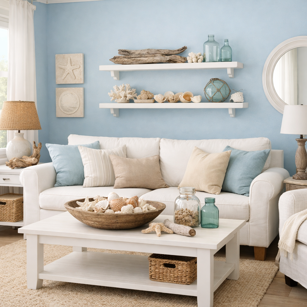 A cozy, coastal-style living room featuring soft blue walls, a white couch, and decorative seaside elements.