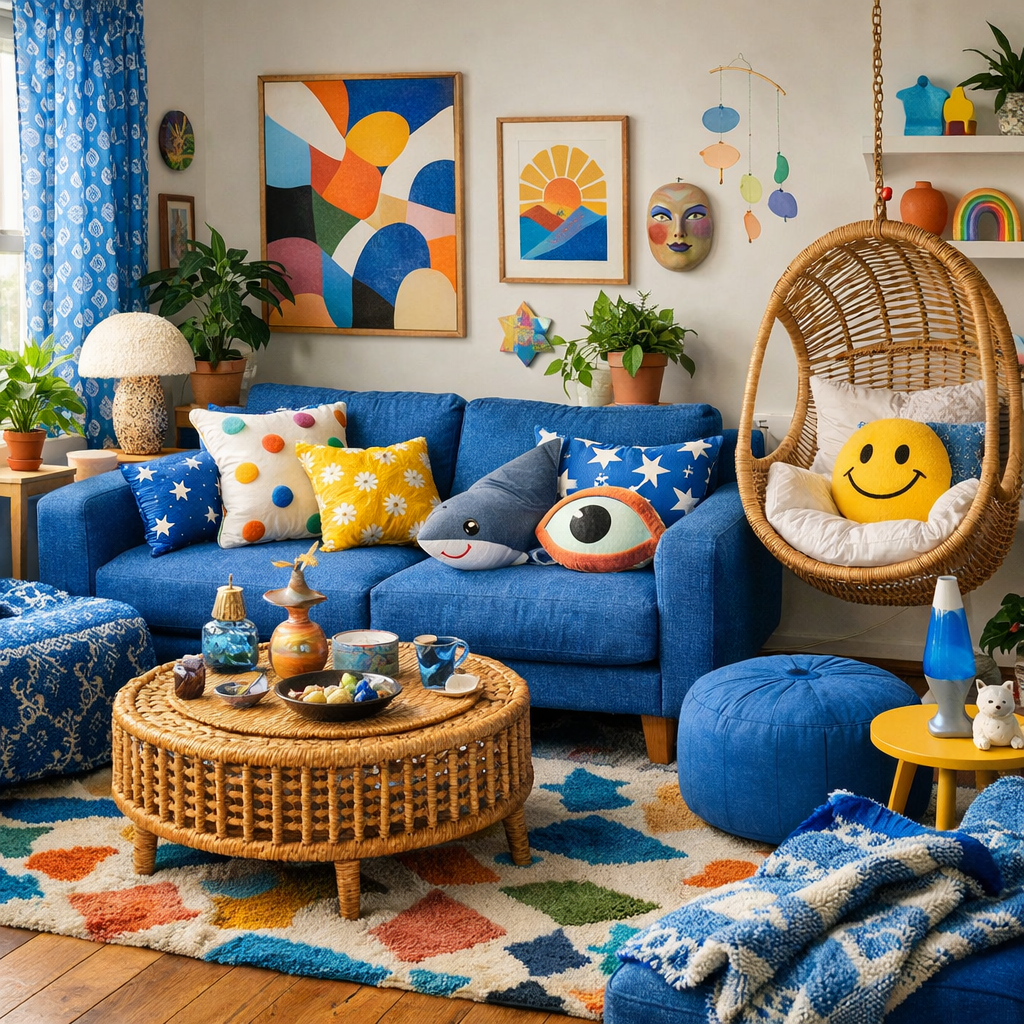 A vibrant blue living room featuring colorful patterned pillows, a blue couch, eclectic art, and a cozy hanging chair.