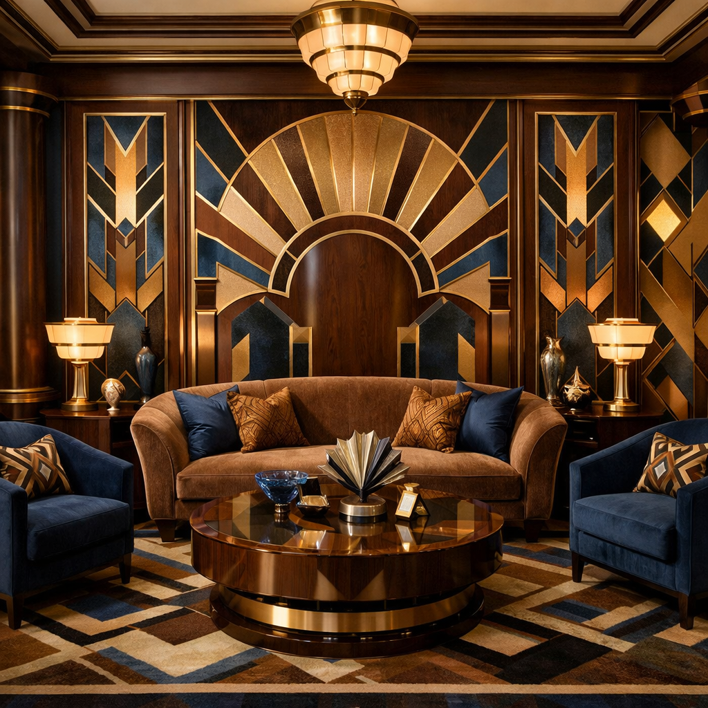Art Deco living room with brown and blue accents