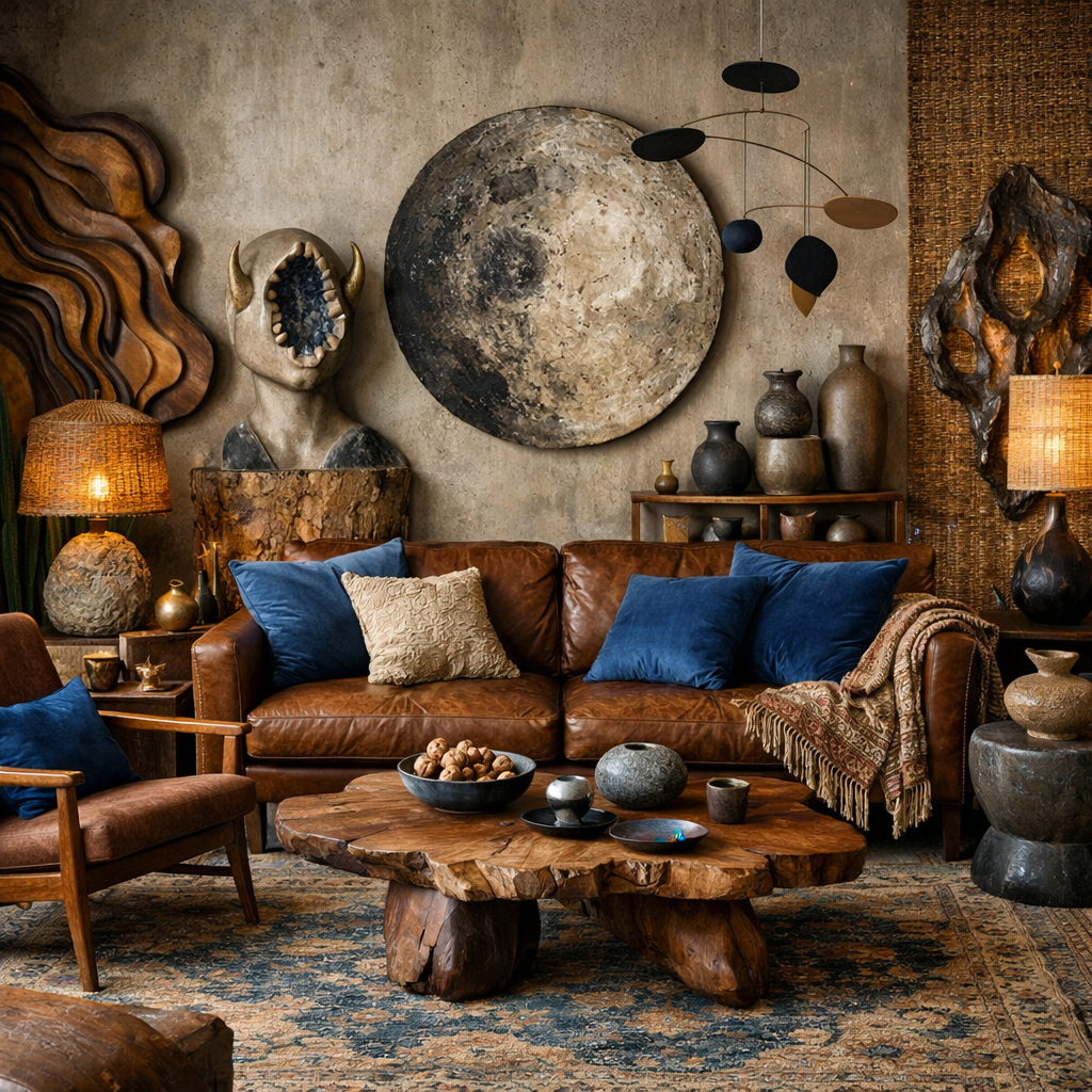 A beautifully styled living room featuring a leather couch, blue cushions, wooden furniture, and eclectic decor.