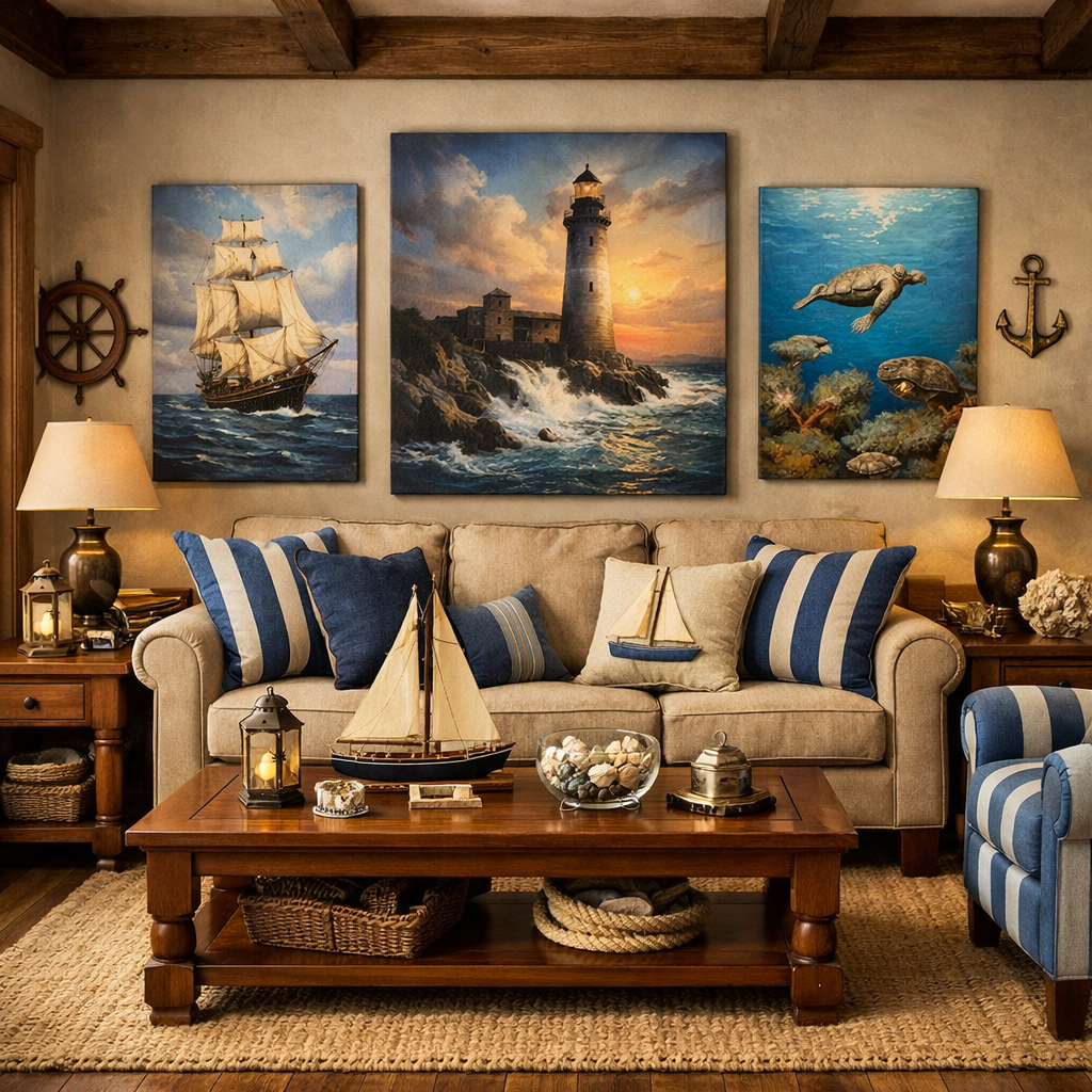 A cozy living room featuring brown furniture, nautical-themed artwork, and decorative elements.