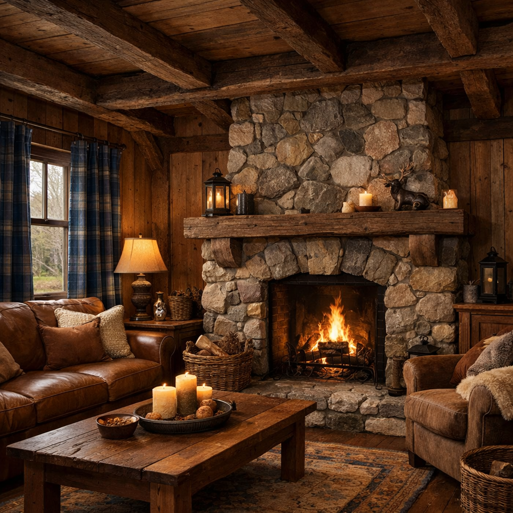 A rustic living room featuring a stone fireplace, leather sofa, wooden beams, and blue plaid curtains