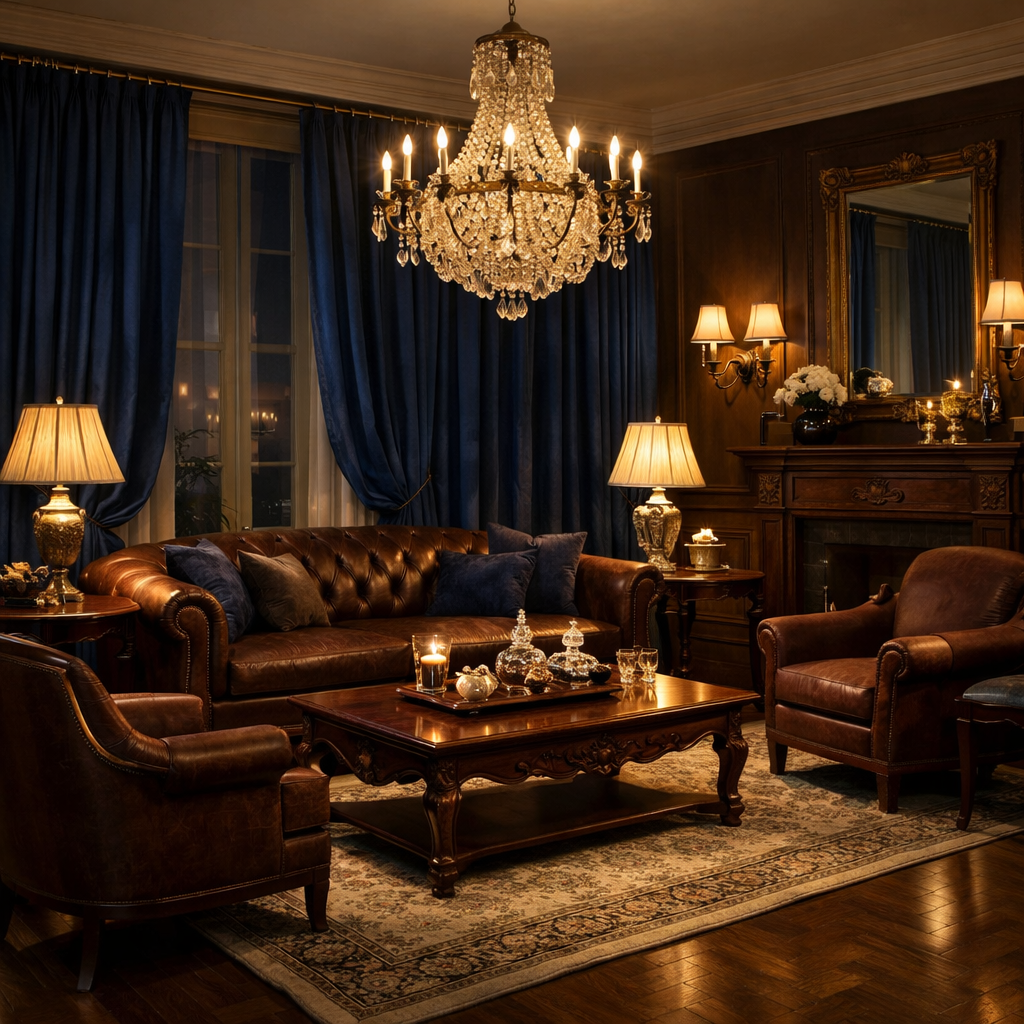 An elegant living room featuring brown leather furniture and blue curtains with a chandelier.