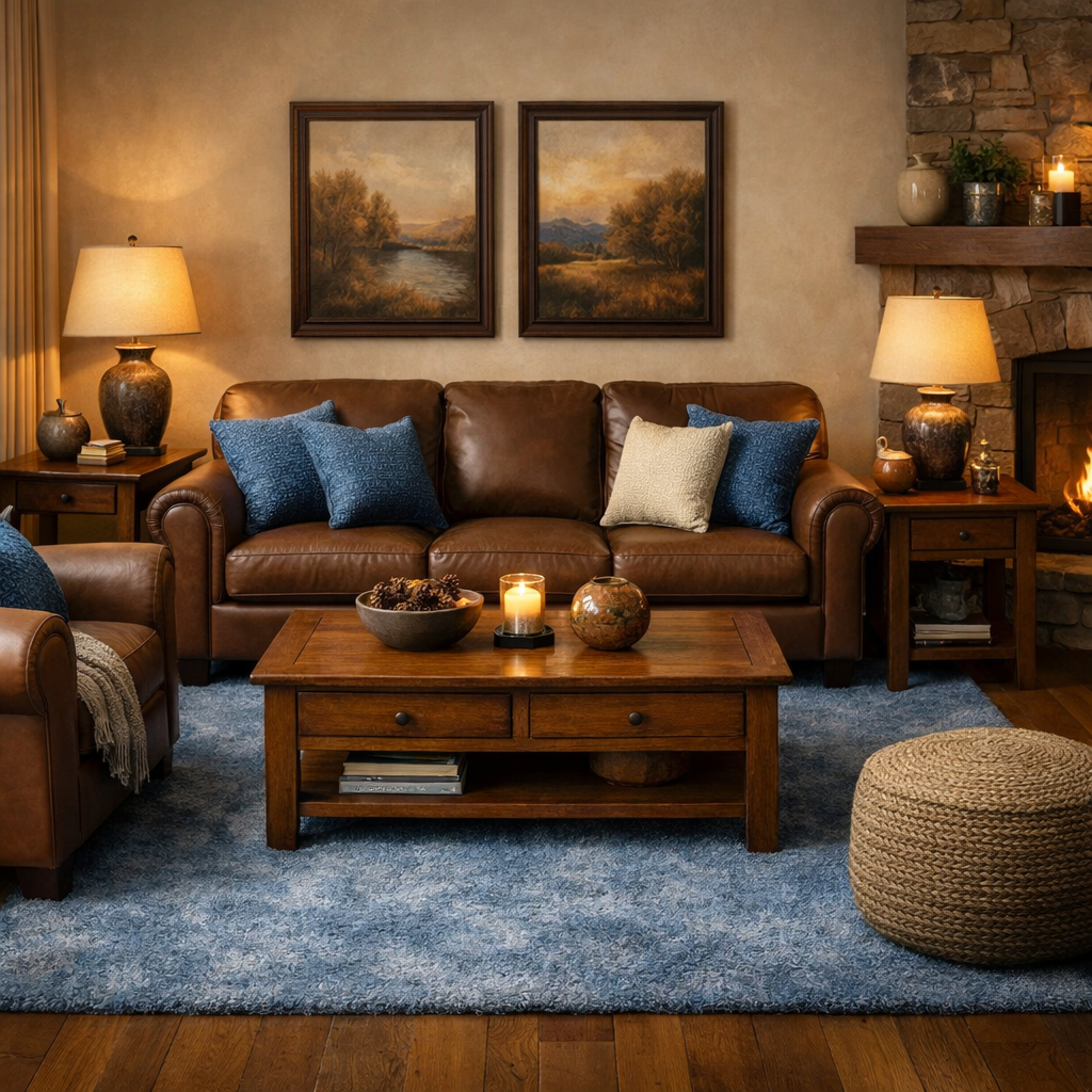 Cozy living room featuring a brown leather couch with blue accents, wooden furniture, and warm lighting.