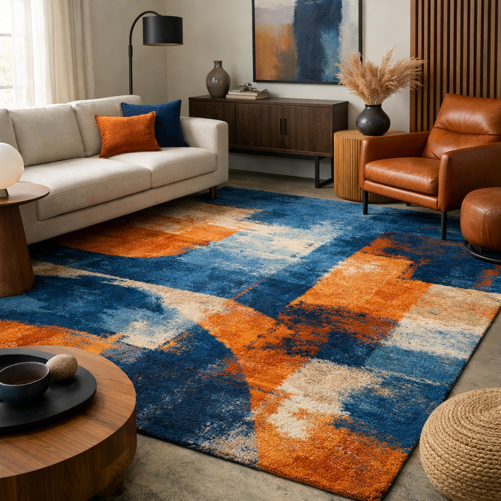 A modern living room with a blue and orange area rug, featuring a light gray sofa, leather armchair, wooden coffee table, and decorative elements.
