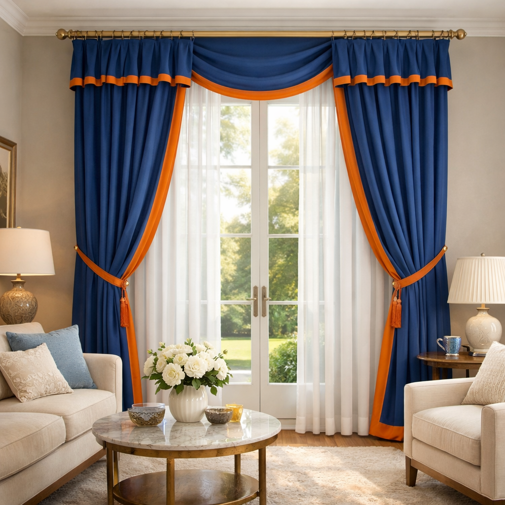 Living room with blue curtains and orange trim drawn back from large windows.