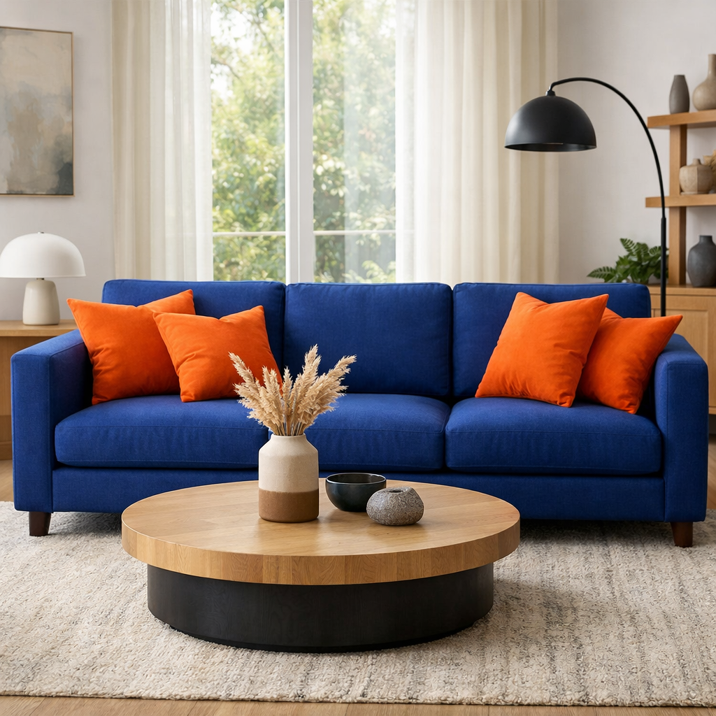A living room featuring a bold blue sofa with orange pillows, a round wooden coffee table, and soft lighting.