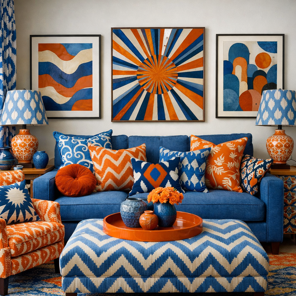 A living room featuring blue and orange color scheme with patterned cushions, sofa, and decorative items.