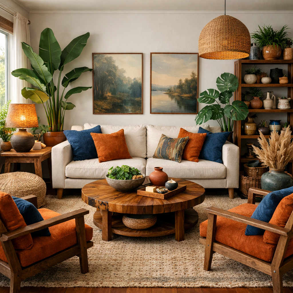 A cozy living room featuring blue and orange accents with natural elements like plants and wooden furniture.