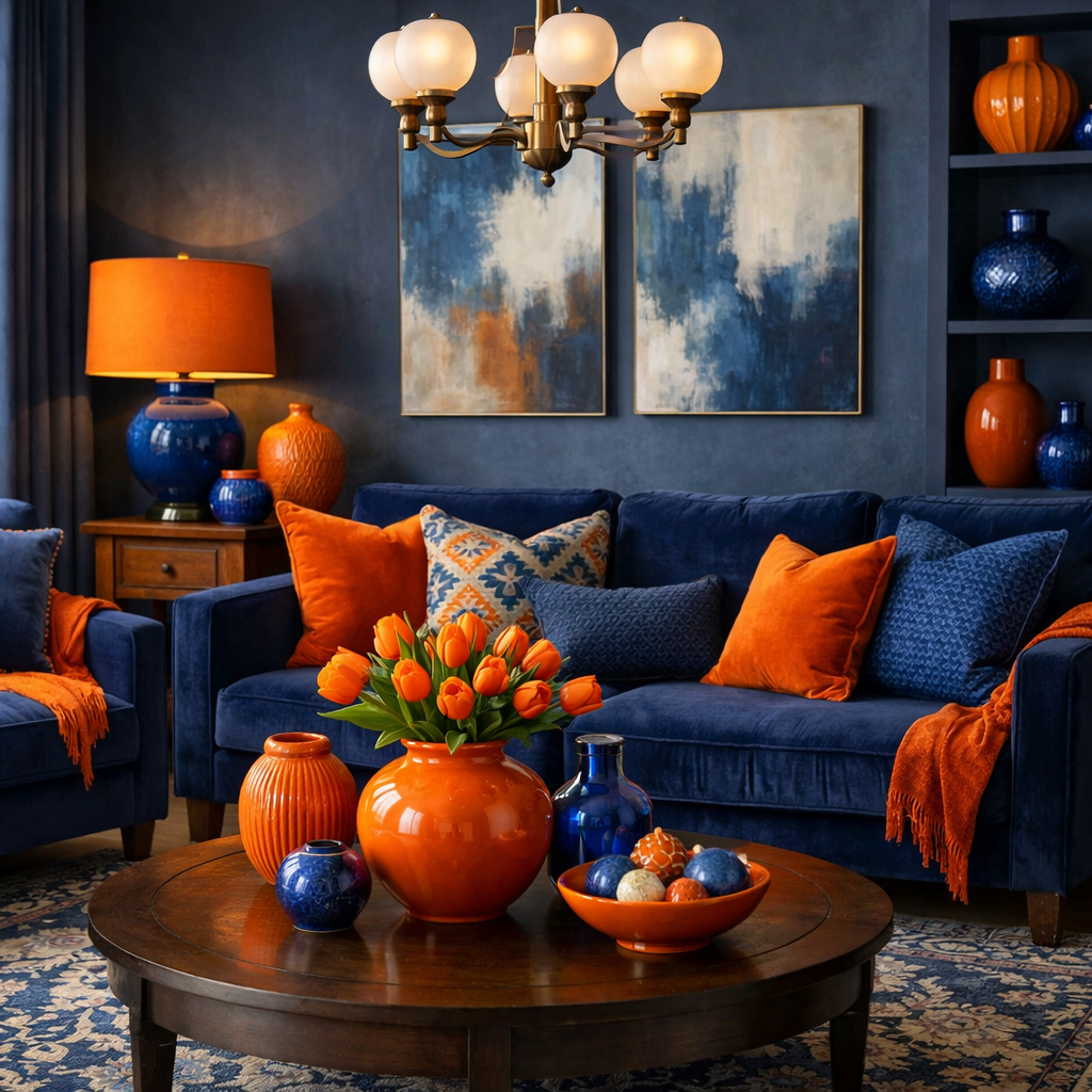 Living room featuring blue decor with orange accents, including pillows and vases.