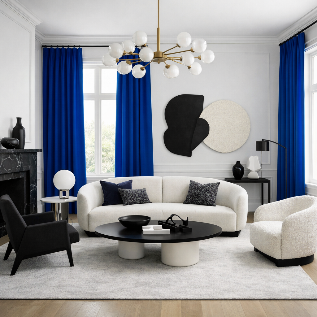 Living room with blue curtains, white walls, and modern furniture