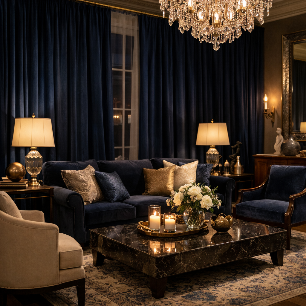 Elegant living room with navy blue velvet curtains, plush seating, and elegant decor.