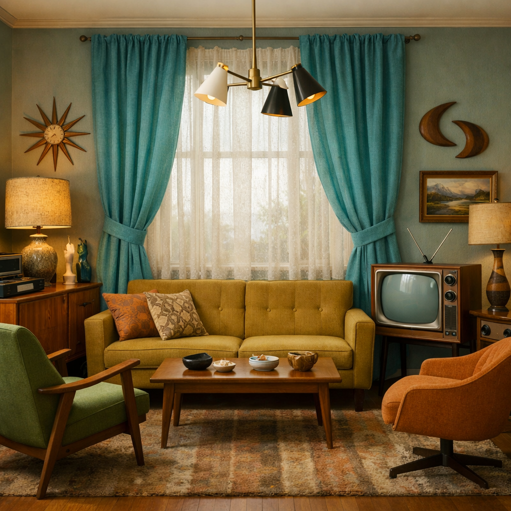 A cozy vintage living room featuring turquoise curtains, a yellow sofa, and mid-century decor.