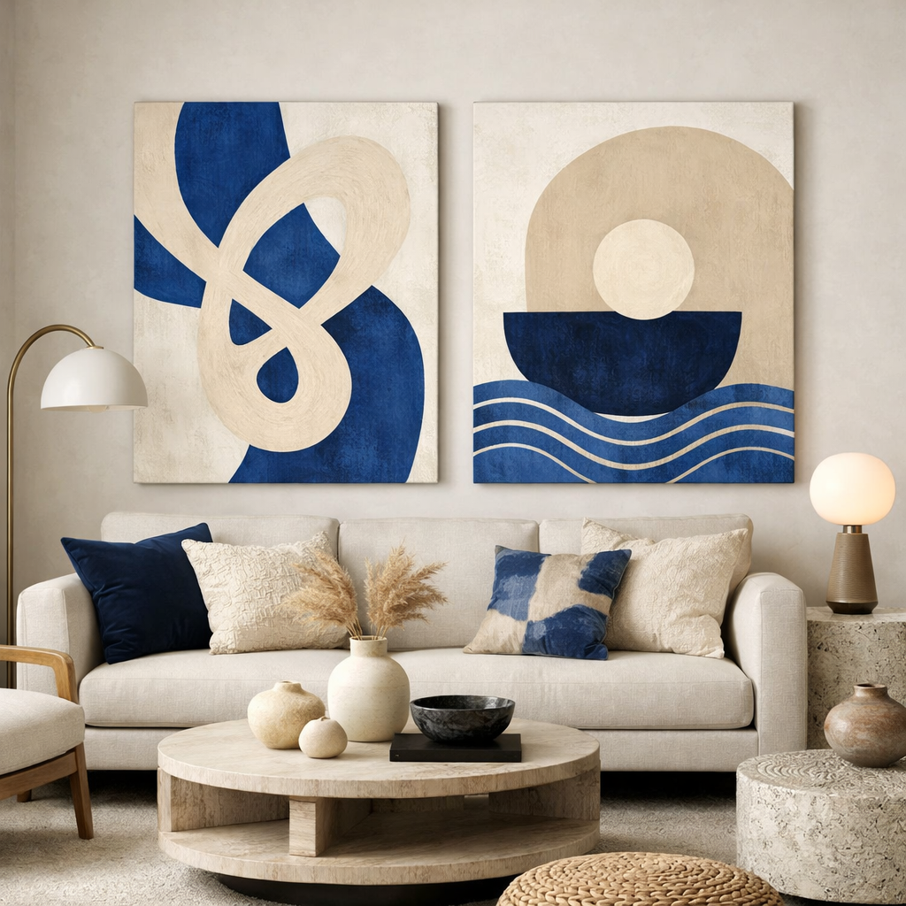 Artistic blue and cream wall art displayed in a living room setting.