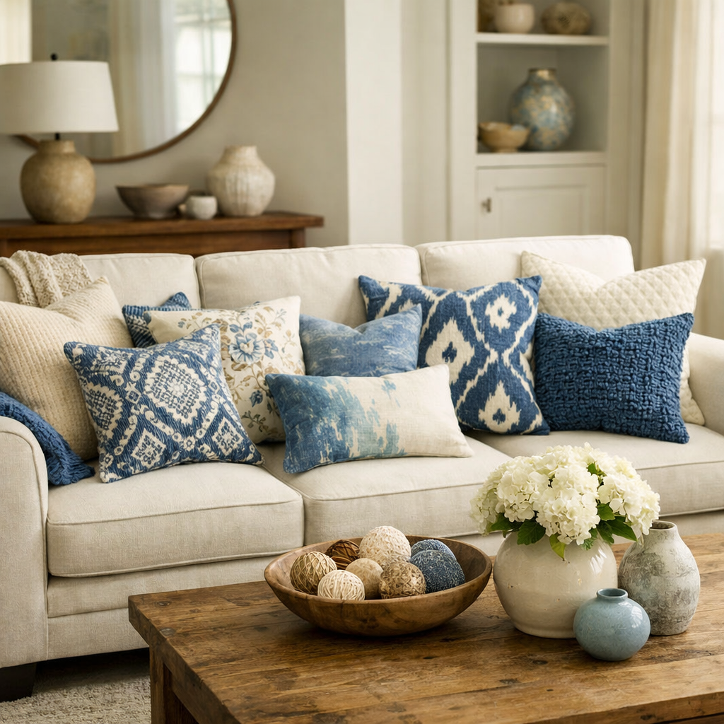 Cream sofa adorned with blue and cream patterned pillows, featuring a stylish wooden coffee table decorated with a bowl of decorative items.
