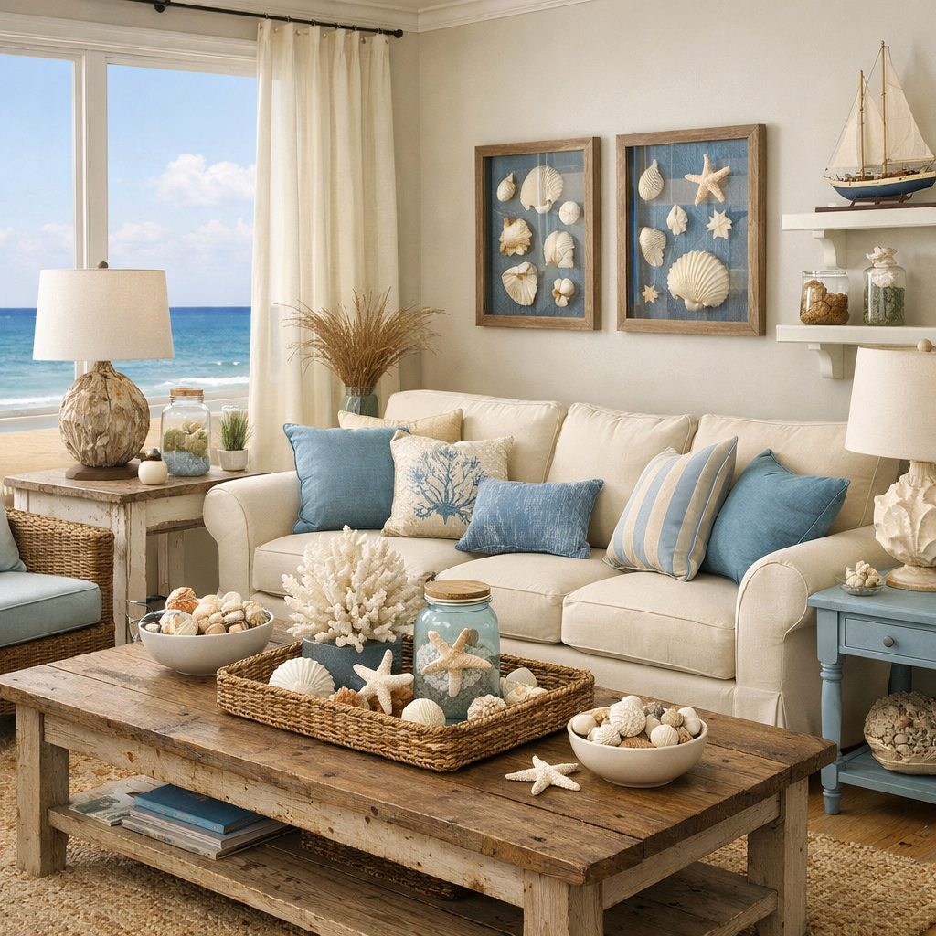 A cozy coastal living room featuring a cream sofa with blue cushions, a rustic wooden coffee table, and seashell decorations.