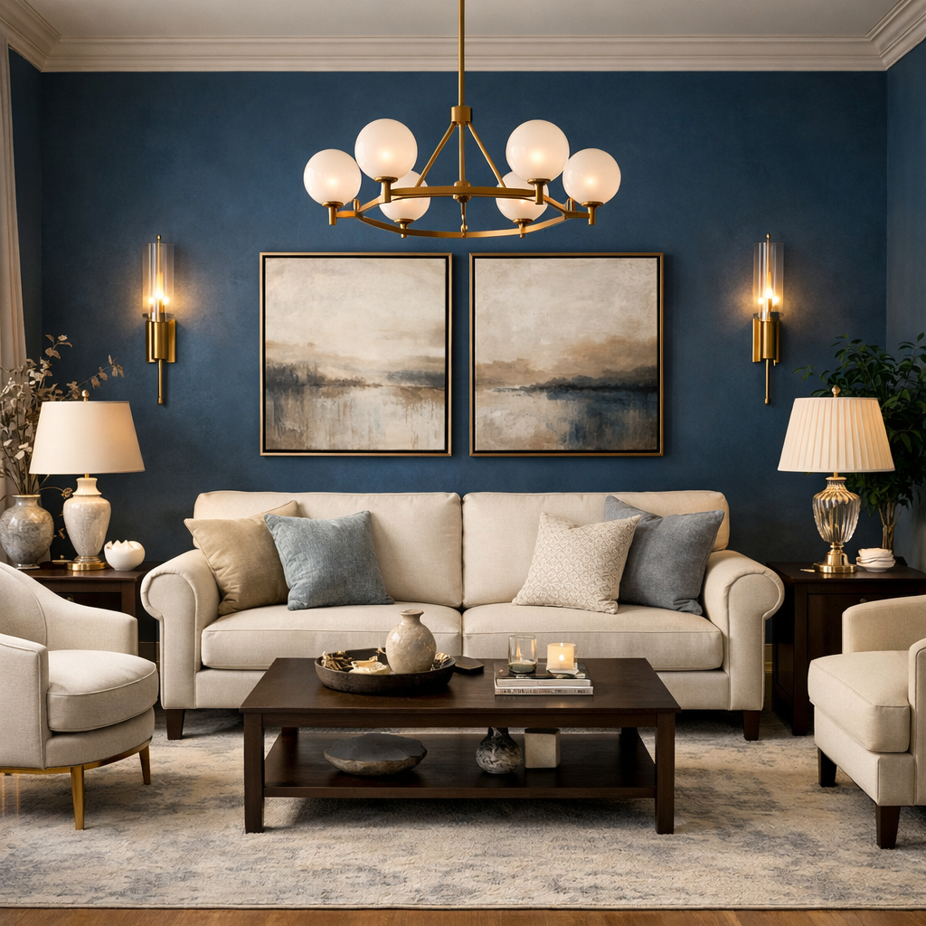 Elegant living room featuring a blue accent wall with cream furniture and stylish decor.