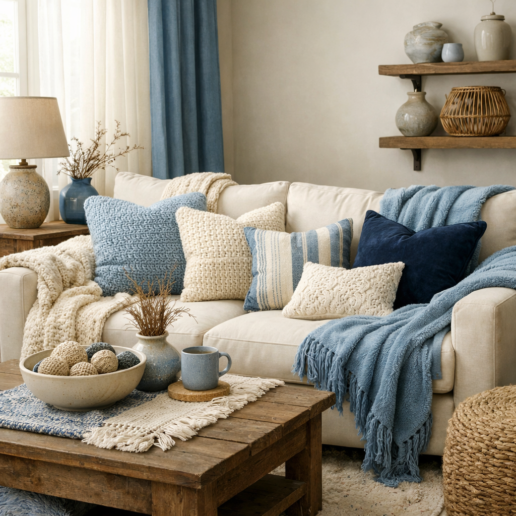 A cozy living room with a cream sofa adorned with blue and cream textured pillows, a rustic wooden coffee table, and various decor items.