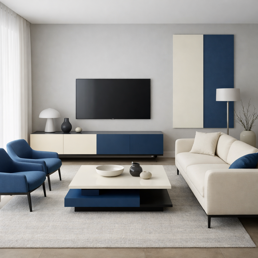 A modern minimalist living room featuring a cream sofa and blue chairs, with a blue and cream coffee table and decorative accents.