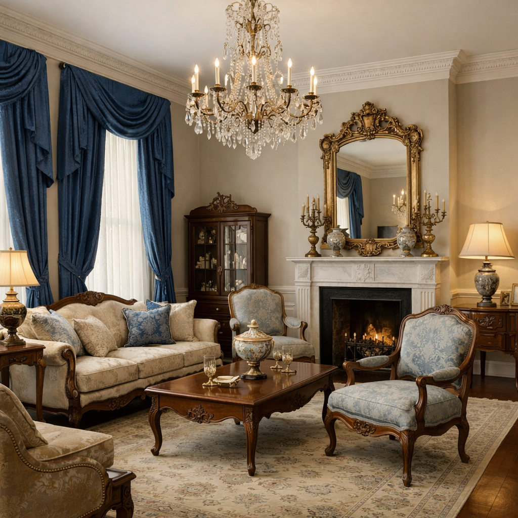 A classic living room with soft blue accents and elegant furnishings.