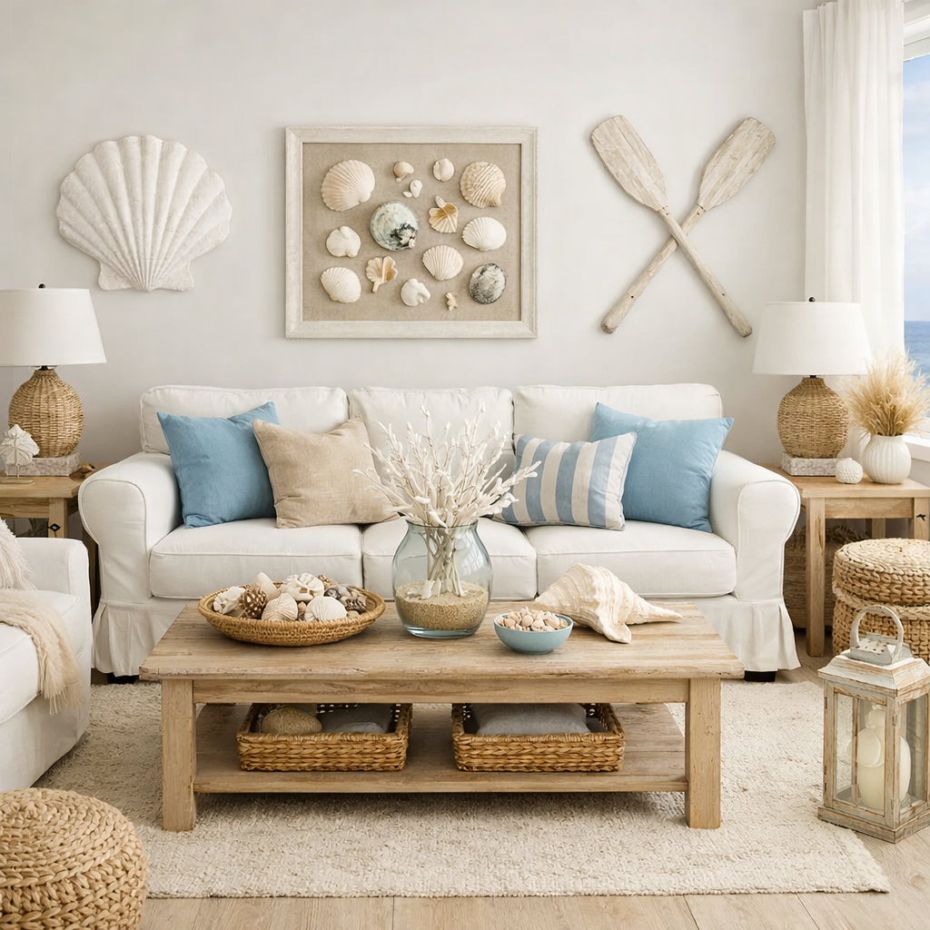 Coastal-inspired living room with neutral and blue color palette featuring a white sofa, blue cushions, seashell decor, and wooden accents.