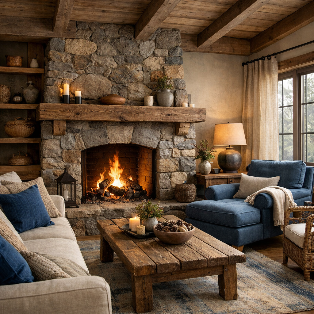 A rustic living room featuring a stone fireplace with warm wooden accents, a beige couch with blue pillows, and wooden furniture.