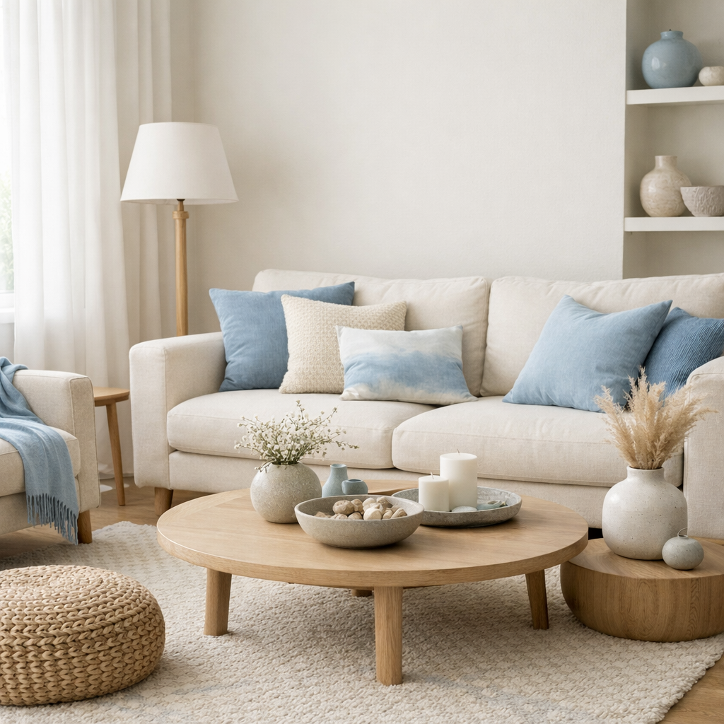 A serene living room featuring a beige couch with blue pillows, a wooden coffee table, and decorative elements.