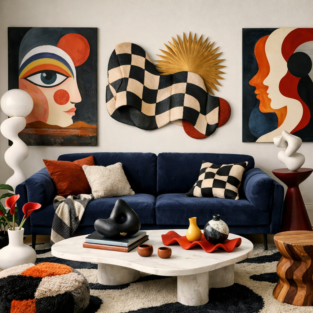 A cozy living room featuring a navy blue sofa, abstract artwork on the walls, and artistic decor.