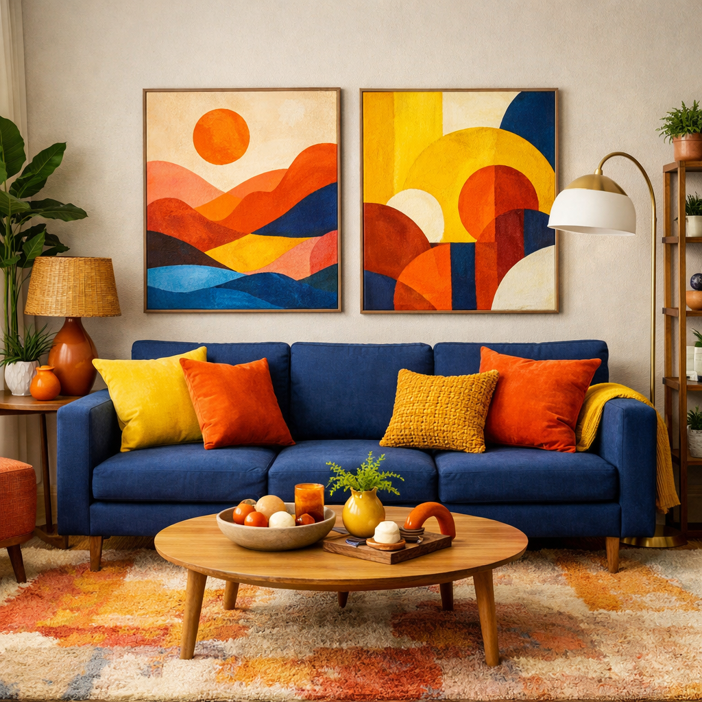 A navy blue sofa with colorful cushions and abstract art in a cozy living room setting.