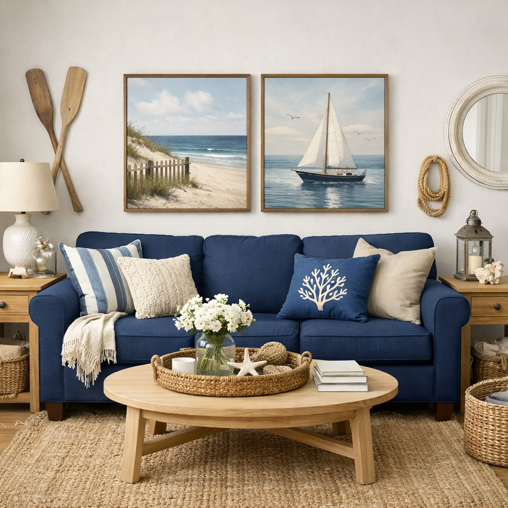 Living room featuring a navy blue sofa, coastal artwork, and natural decor elements.