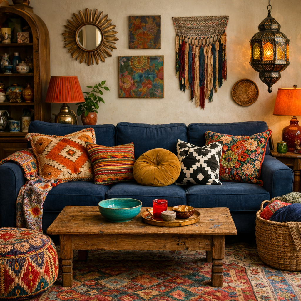 A cozy living room featuring a navy blue sofa with colorful pillows, a rustic wooden coffee table, and various decor items.