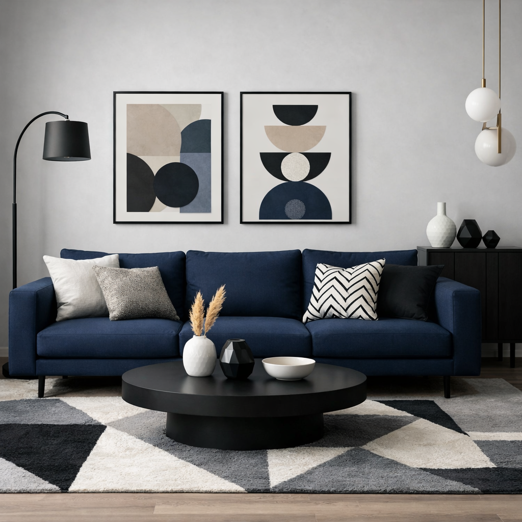 A modern living room featuring a navy blue sofa with decorative pillows, geometric wall art, and a round coffee table.