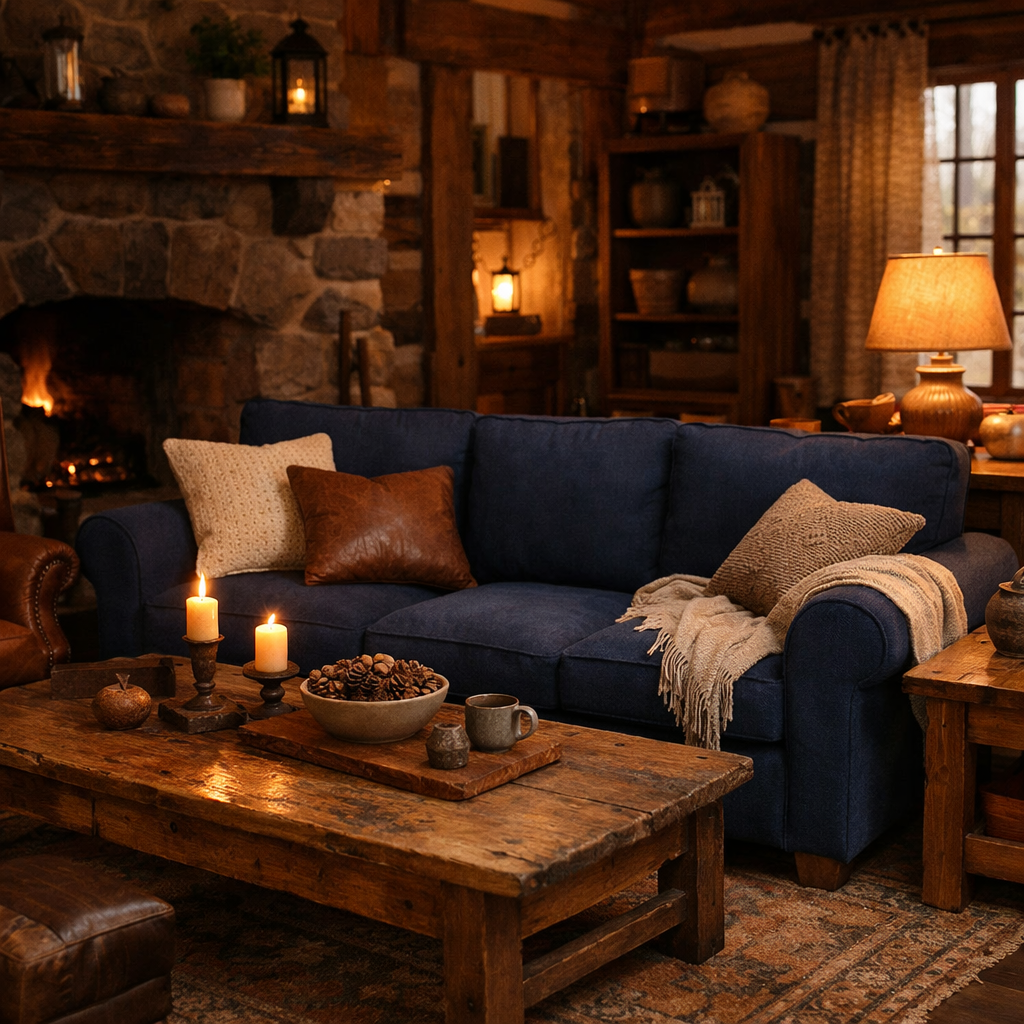 A cozy living room featuring a navy blue sofa, rustic wooden furniture, a stone fireplace, and warm lighting.