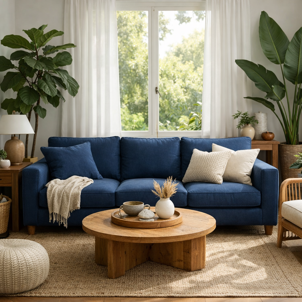 A living room featuring a navy blue sofa, greenery, and a rustic coffee table