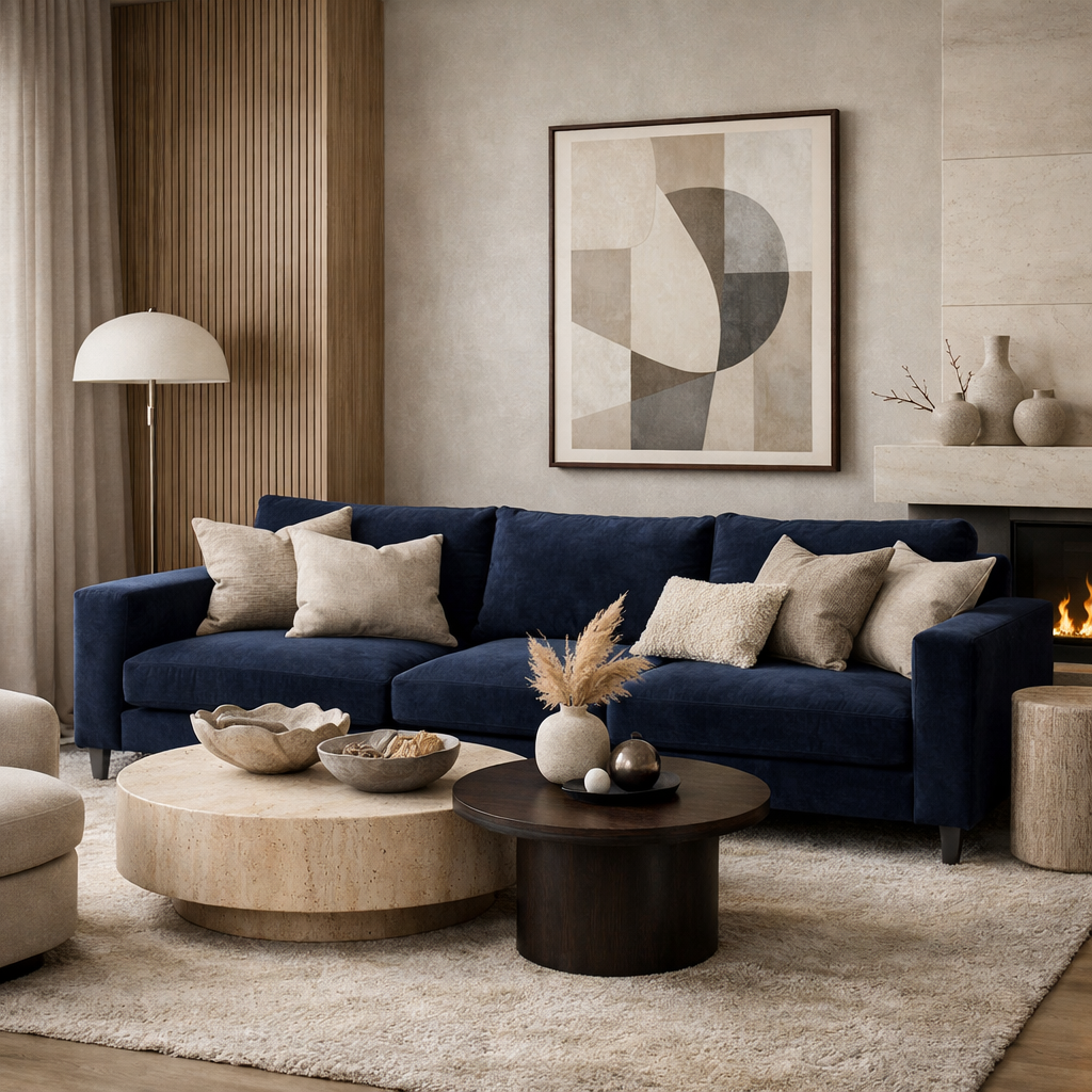 A cozy living room featuring a navy blue sofa with neutral accents, natural wood tables, and artistic decor.